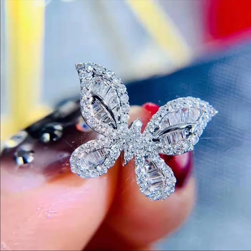New Luxury Butterfly 925 Silver Diamond Ring - Picture 2 of 5